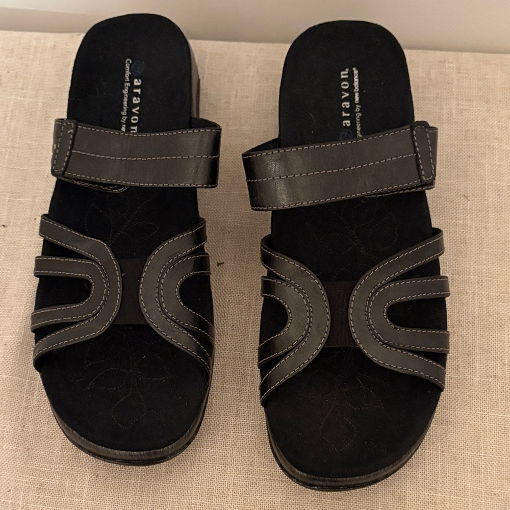 Aravon Black Slide Sandals with Stitch Detail New w/o tags
